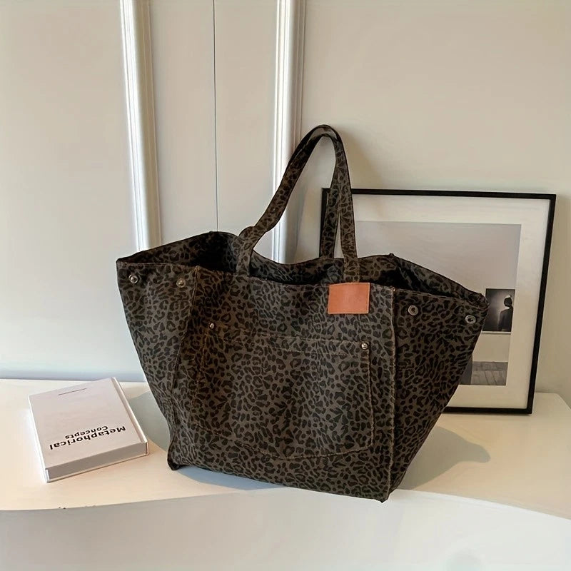 Leopard Print Tote Bag - Large Capacity Nylon Shoulder Bag Open Top Design