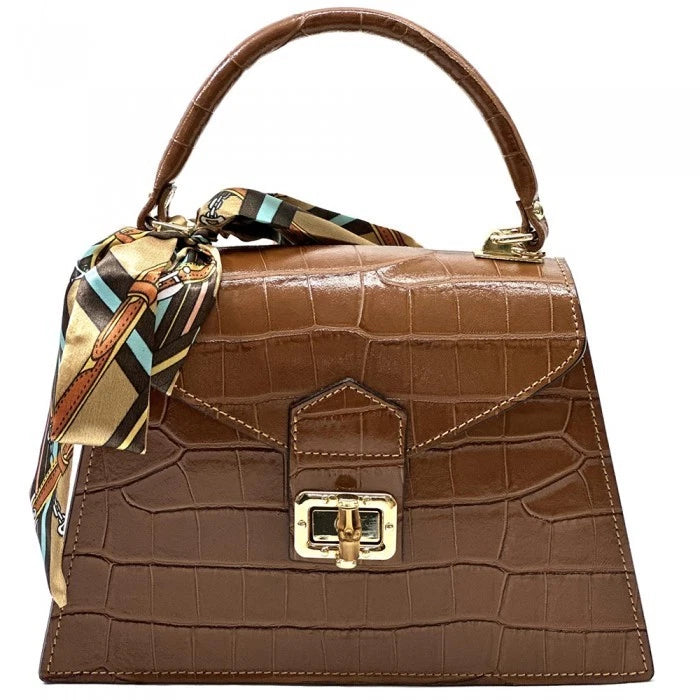 Brown Italian Leather Handbag, Crocodile Embossed Top Handle Purse