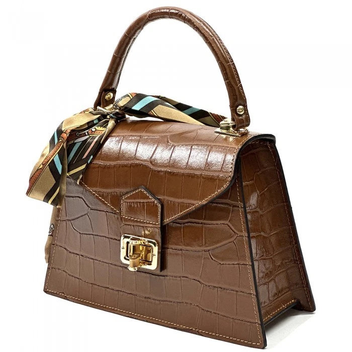 Brown Italian Leather Handbag, Crocodile Embossed Top Handle Purse