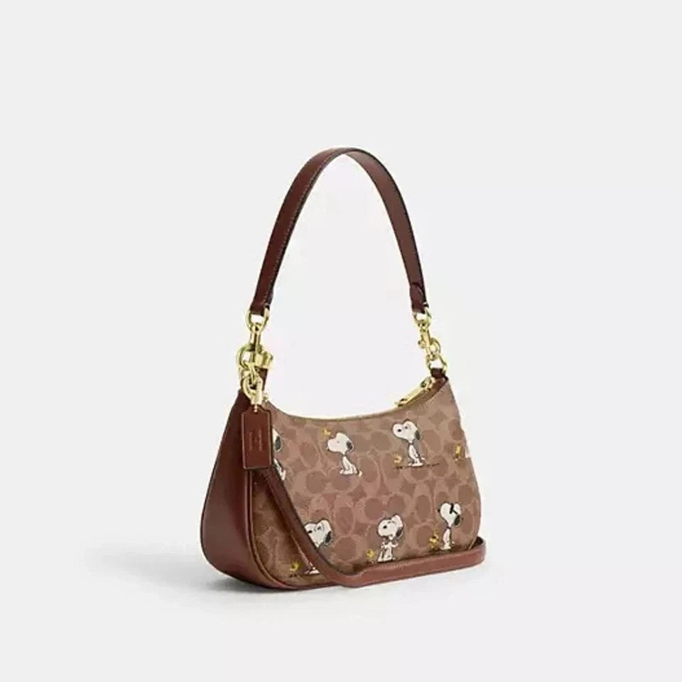 COACH x PEANUTS Teri Shoulder Bag Tan Brown Snoopy Print Signature Canvas CBJ88
